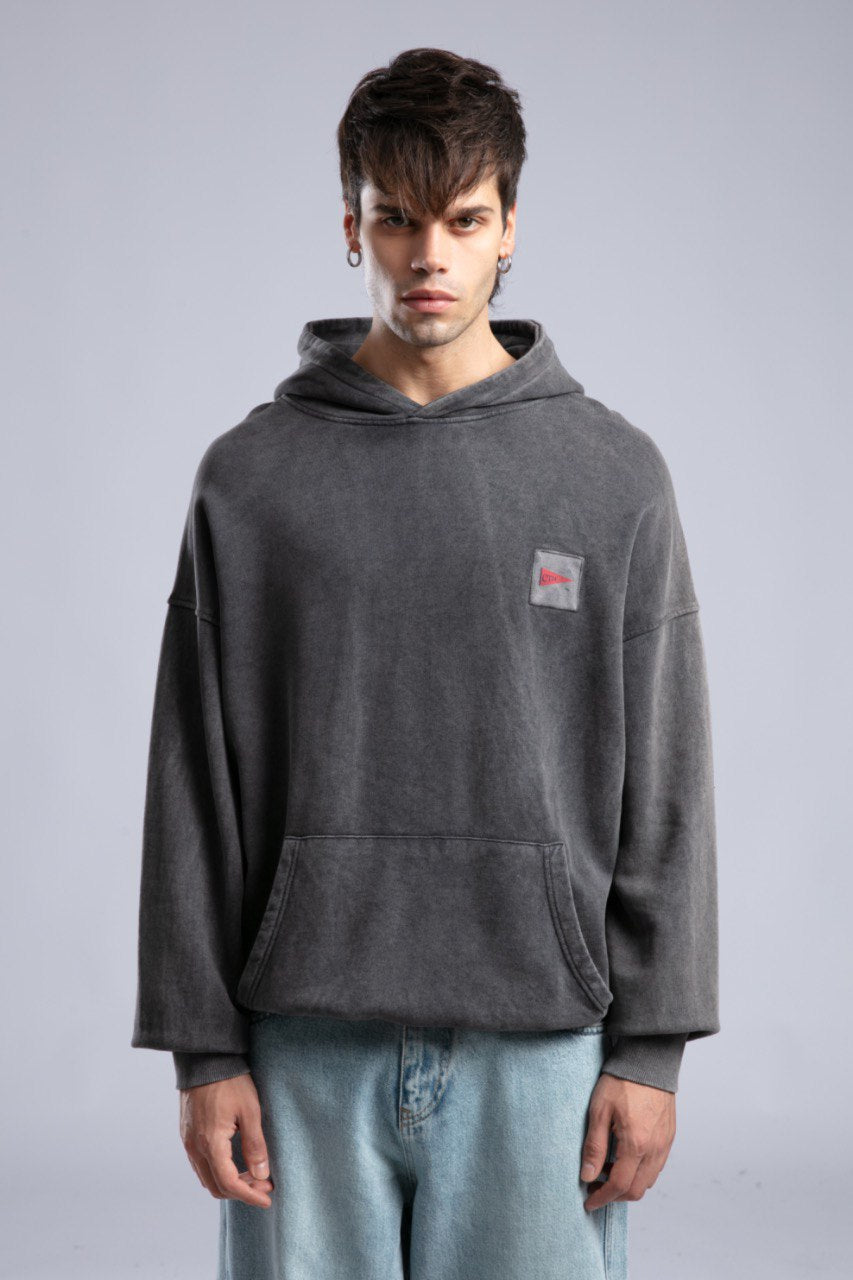 Oversized '8' Plaid Patch Hoodie - Vintage Washed Pullover Withinblack