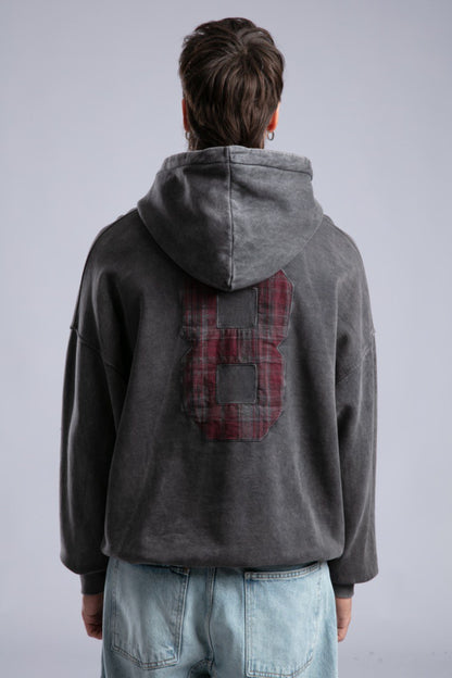 Oversized '8' Plaid Patch Hoodie - Vintage Washed Pullover Withinblack