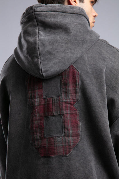 Oversized '8' Plaid Patch Hoodie - Vintage Washed Pullover Withinblack