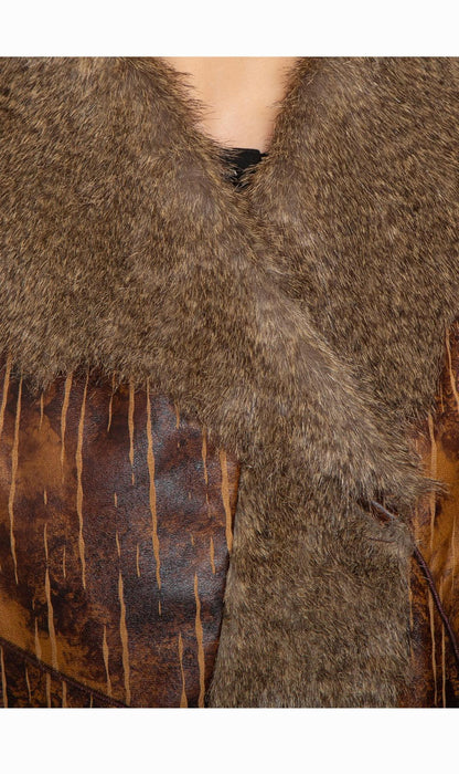 Women's Faux Fur Trimmed Belted Vegan Leather Vest