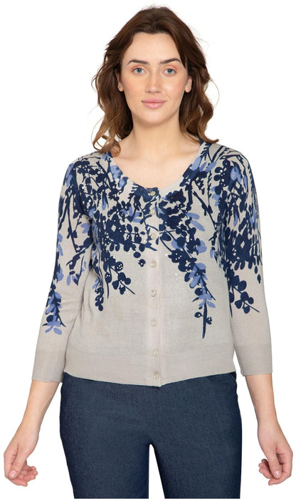 Women's 3/4 Sleeve Knit Printed And Embellished Cardigan Sweater