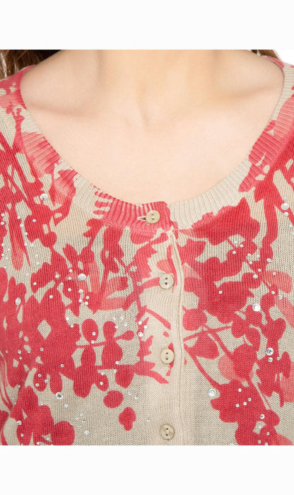 Women's 3/4 Sleeve Knit Printed And Embellished Cardigan Sweater