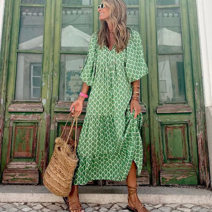 Women's Boho Floral Maxi Dress with Drawstring V Neck