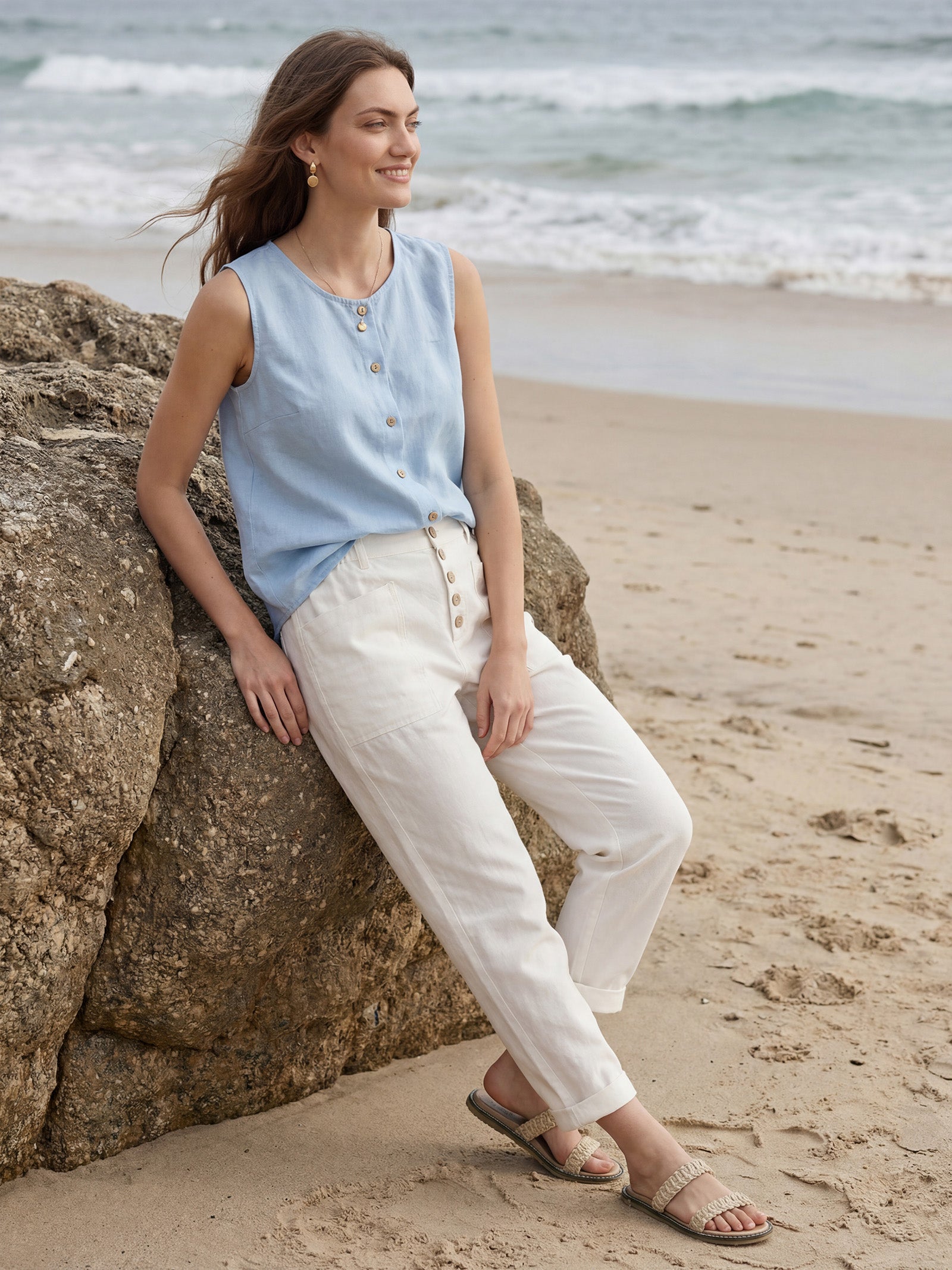 Linen Simple Button Fly Trousers HEIDI LINTICO