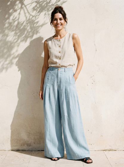 100% Linen Sculpted Pleat Elasticated Back Relaxed Pants VERIDIANA LINTICO