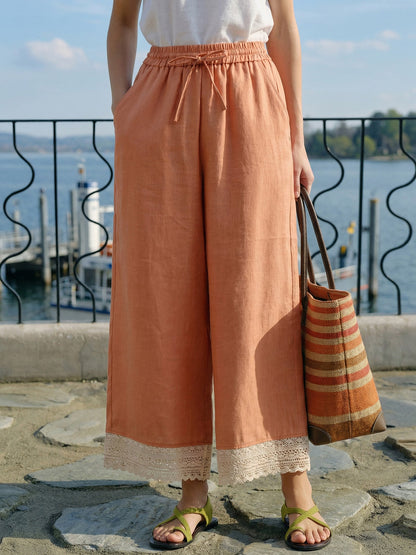 100% Linen Lace-Hem Wide-Leg Pants DARBY LINTICO