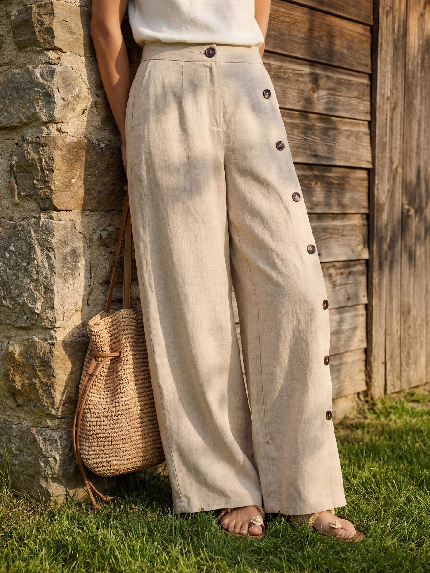 100% Linen Buttoned Slit-Hem Pants KATYA LINTICO