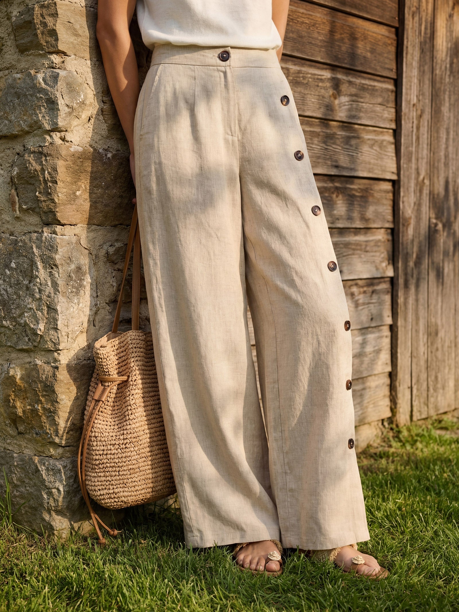 100% Linen Buttoned Slit-Hem Pants KATYA LINTICO