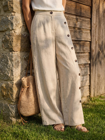 100% Linen Buttoned Slit-Hem Pants KATYA LINTICO