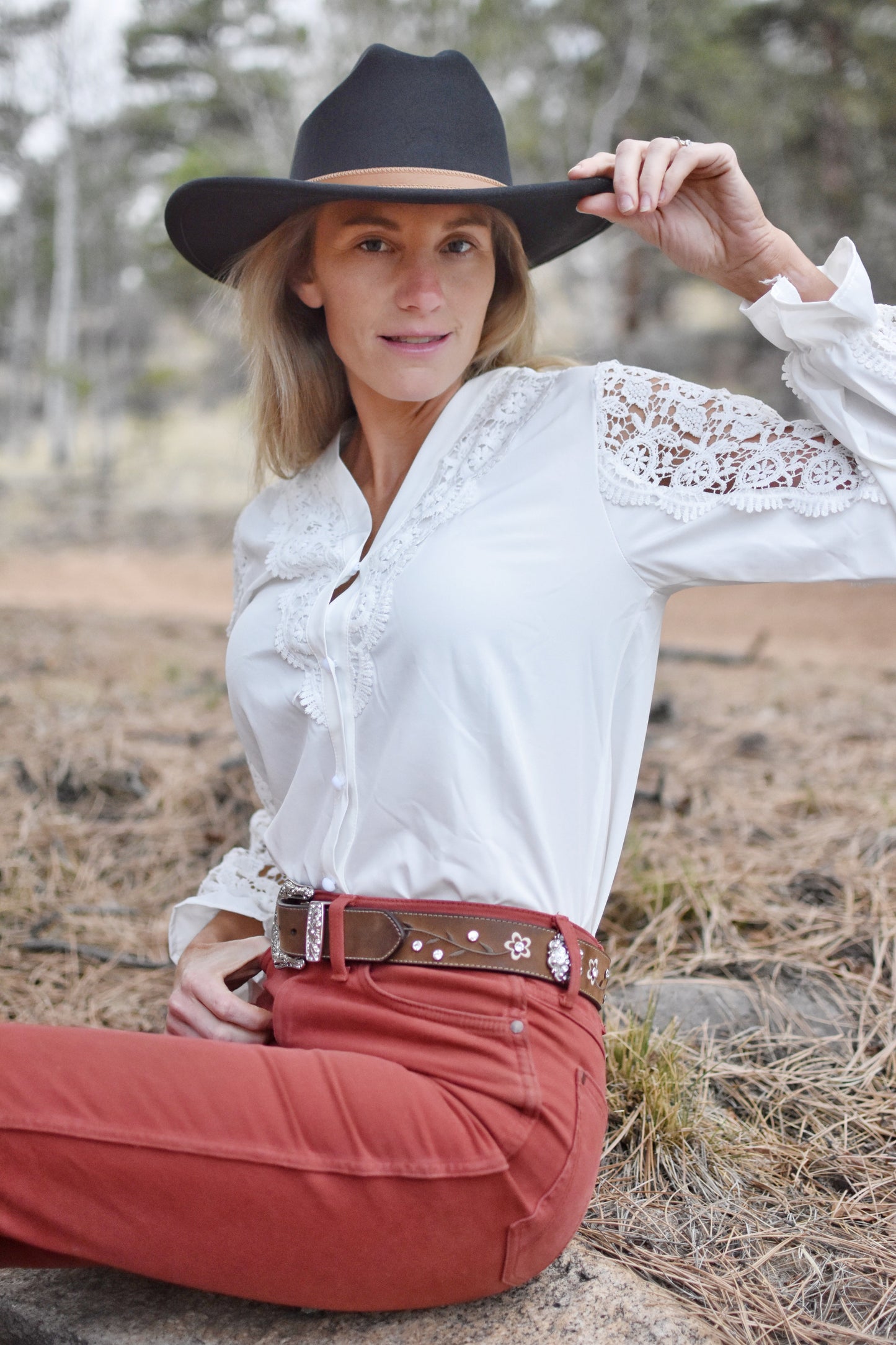 Stylish White Lace Long Sleeved Cut Out Shirt Country in My Heart