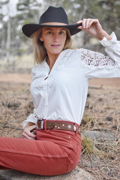 Stylish White Lace Long Sleeved Cut Out Shirt Country in My Heart