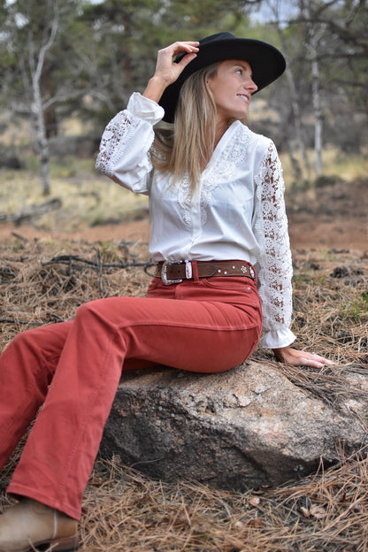 Stylish White Lace Long Sleeved Cut Out Shirt Country in My Heart