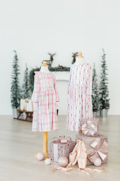 Pink Plaid 3/4 Sleeve Pocket Twirl Dress
