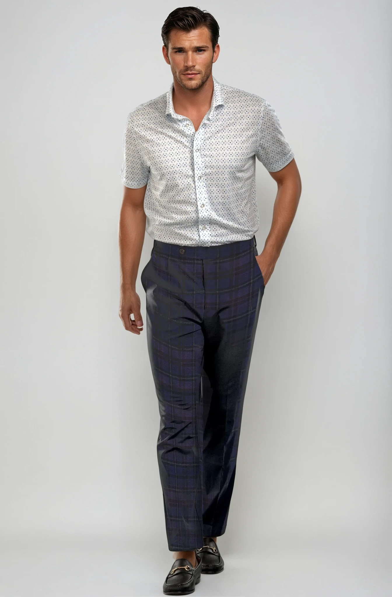Pleated Wool Trouser Pants - Navy Plaid Buki