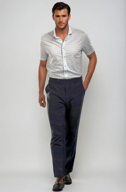 Pleated Wool Trouser Pants - Navy Plaid Buki