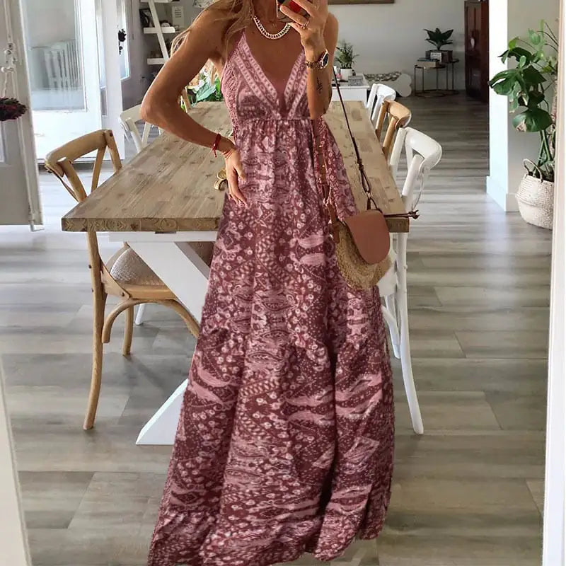 Bohemian High Waisted V-neck Floral Dress