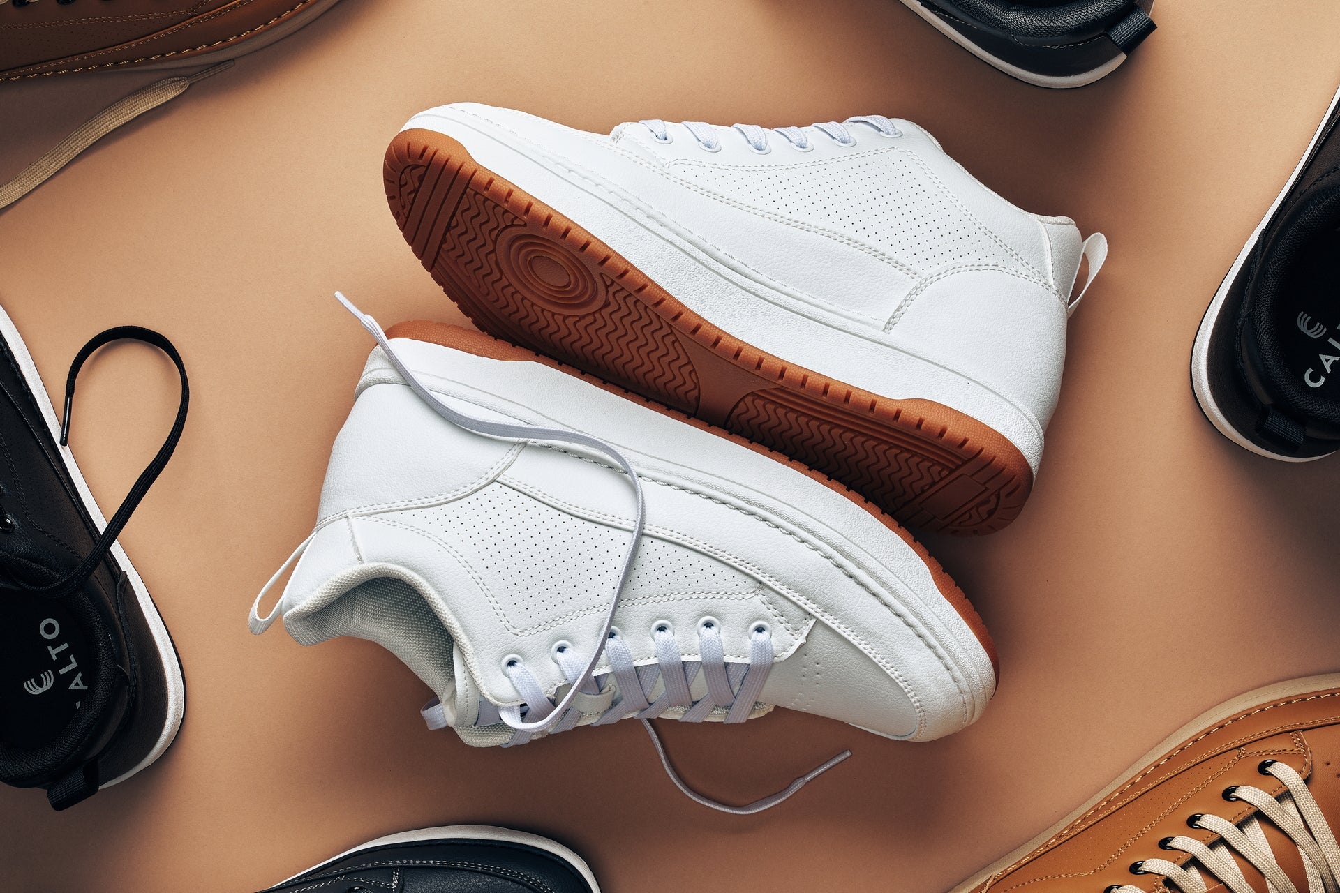 CALTO - Q272  - 2 Inches Taller (White & Gum Sole) -Elevated Leatherette Micro-Perforated Sneakers Tallmenshoes.com