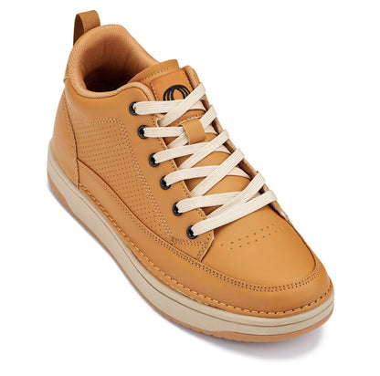 CALTO - Q274  - 2 Inches Taller (Camel Brown & Gum Sole) - Elevated Leatherette Micro-Perforated Sneakers Tallmenshoes.com