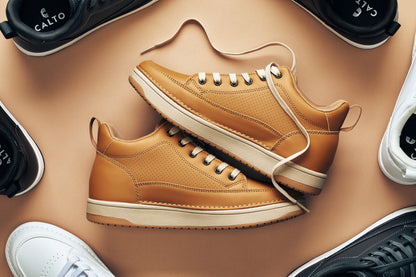 CALTO - Q274  - 2 Inches Taller (Camel Brown & Gum Sole) - Elevated Leatherette Micro-Perforated Sneakers Tallmenshoes.com
