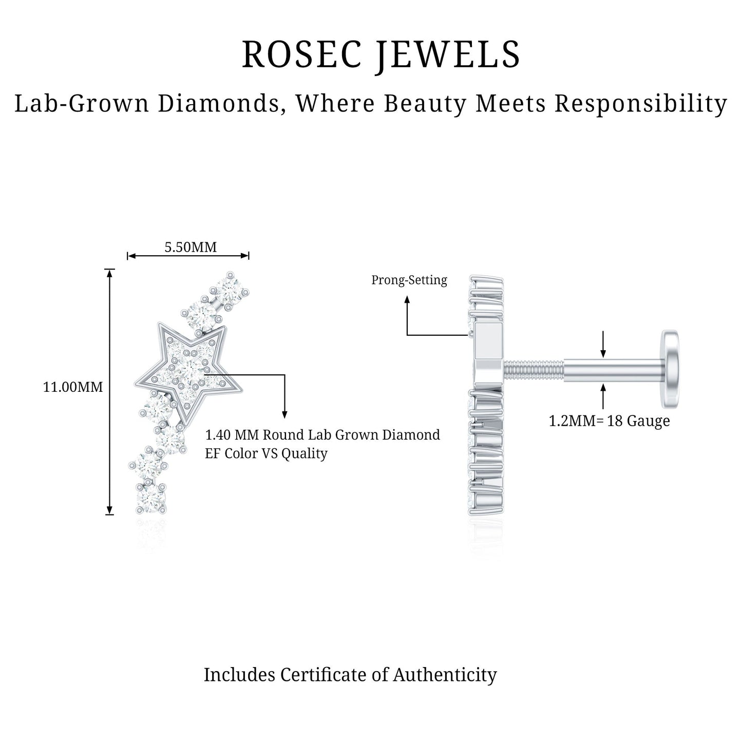 Certified Diamond Star Crawler Earring for Helix Piercing