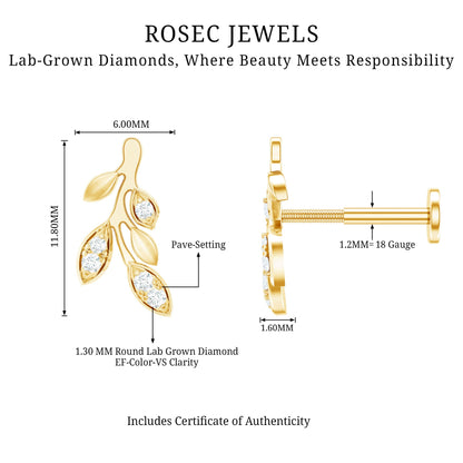Diamond Vine Leaf Earring for Helix Piercing