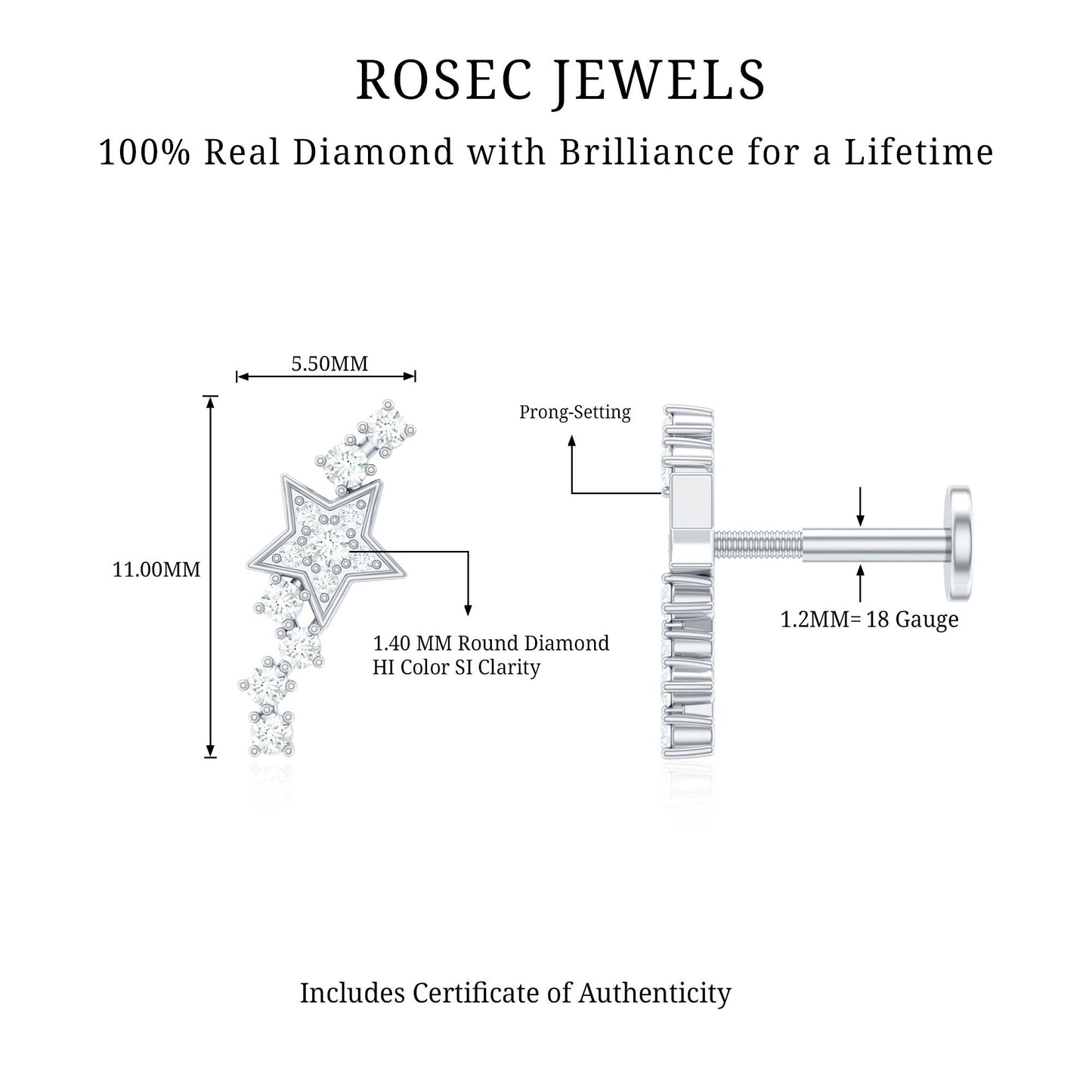 Certified Diamond Star Crawler Earring for Helix Piercing