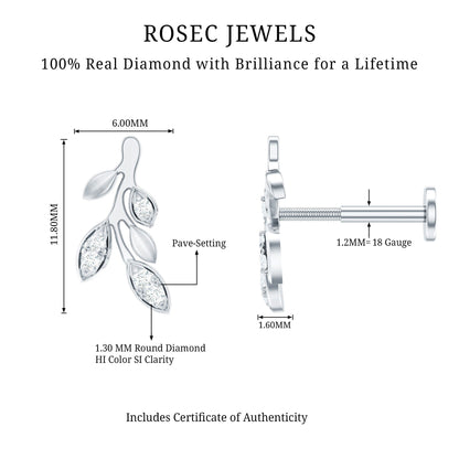 Diamond Vine Leaf Earring for Helix Piercing