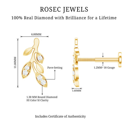 Diamond Vine Leaf Earring for Helix Piercing