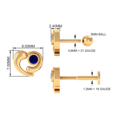 Natural Blue Sapphire Heart Earring for Helix Piercing