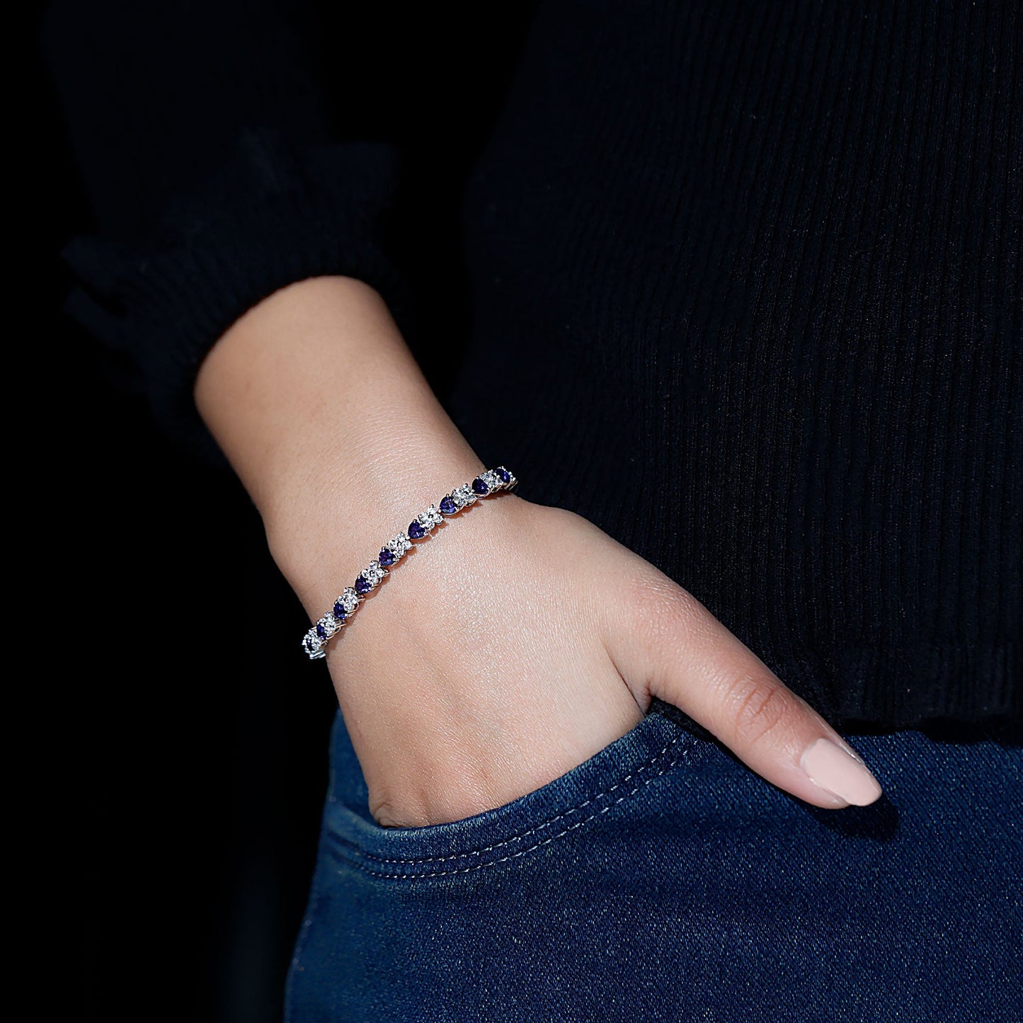 Heart Shape Lab Grown Blue Sapphire and Diamond Tennis Bracelet