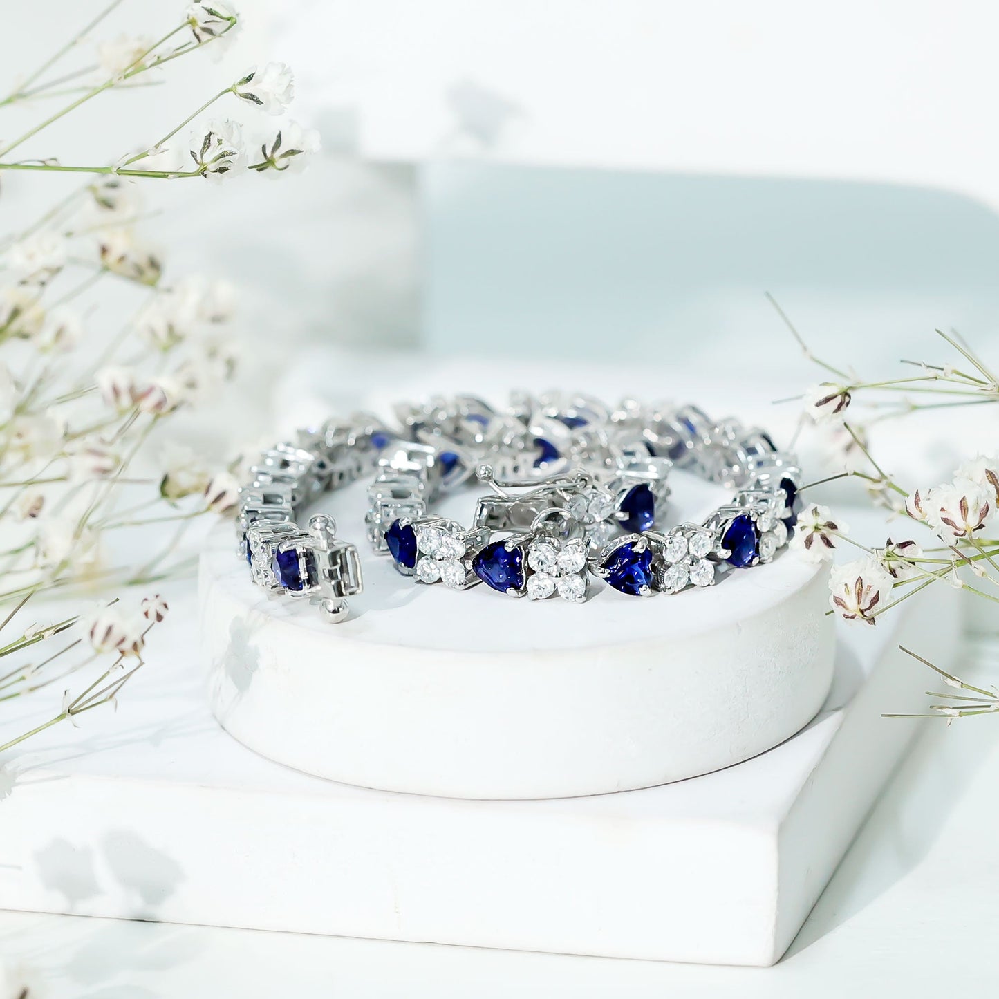 Heart Shape Lab Grown Blue Sapphire and Diamond Tennis Bracelet