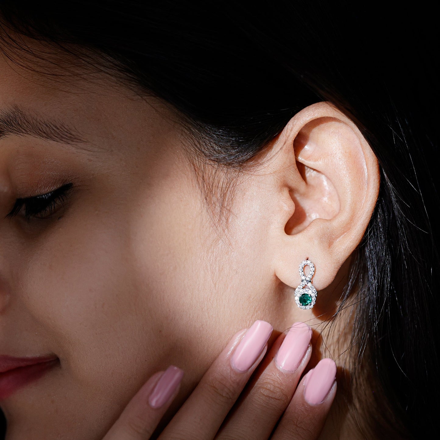 Half Carat Lab Grown Emerald Infinity Stud Earrings with Moissanite