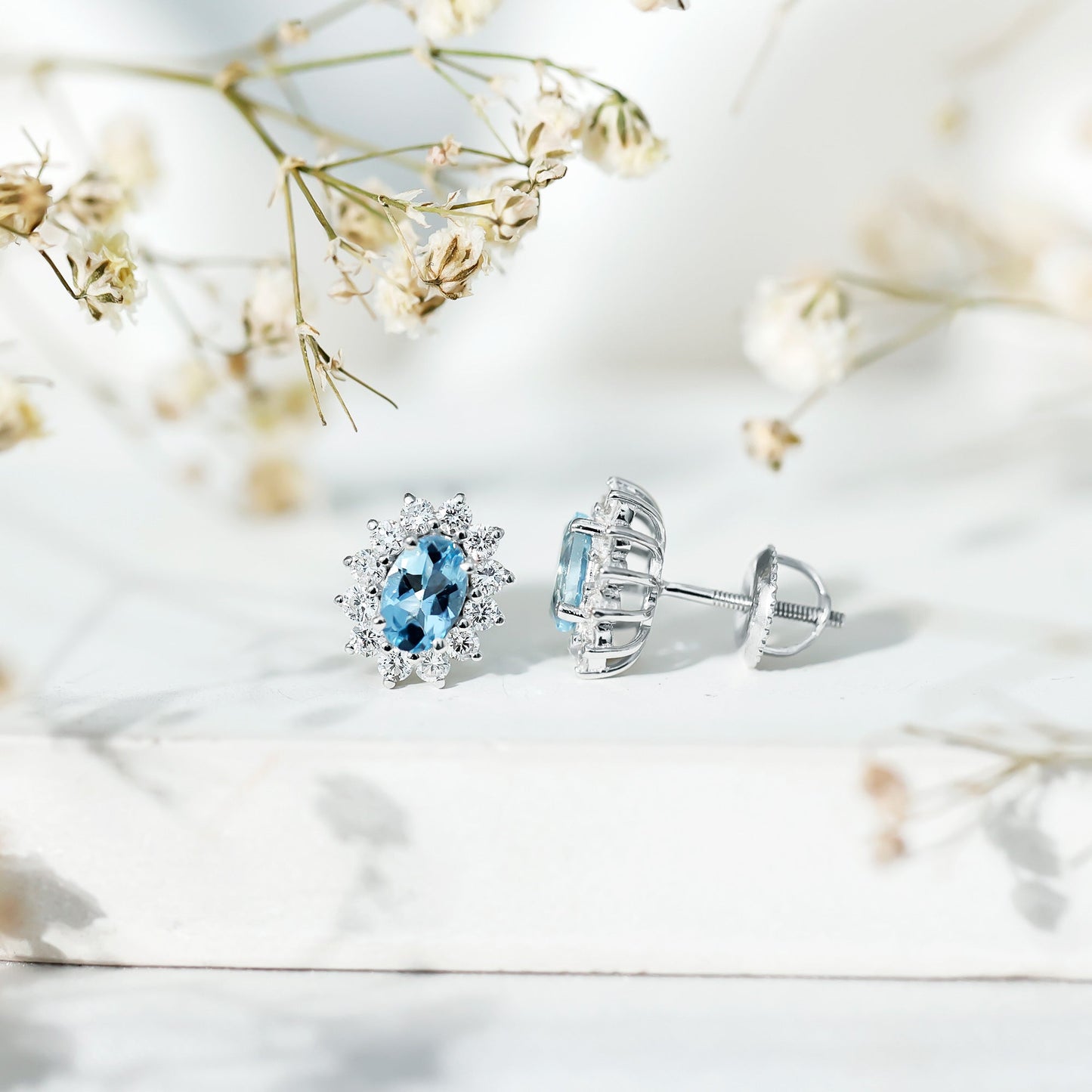 Real 0.8 Carat Oval Aquamarine Stud Earrings with Lab Diamond Halo