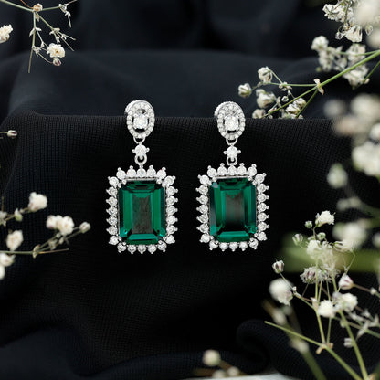 Certified 16 Carat Lab Grown Emerald Vintage Bridal Earrings in Silver