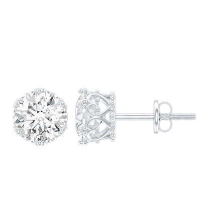 1 Carat Round Cubic Zirconia Crown Stud Earrings in Silver