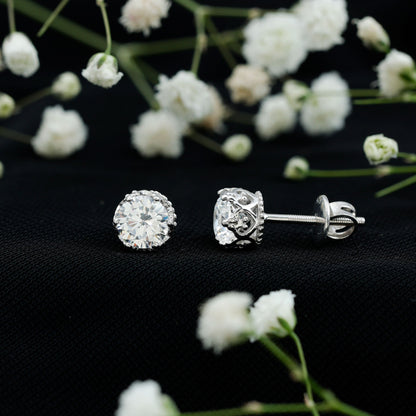 1 Carat Round Cubic Zirconia Crown Stud Earrings in Silver