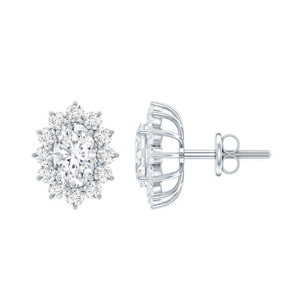 Oval Shaped CZ Diamond Halo Stud Earrings with Screw Back