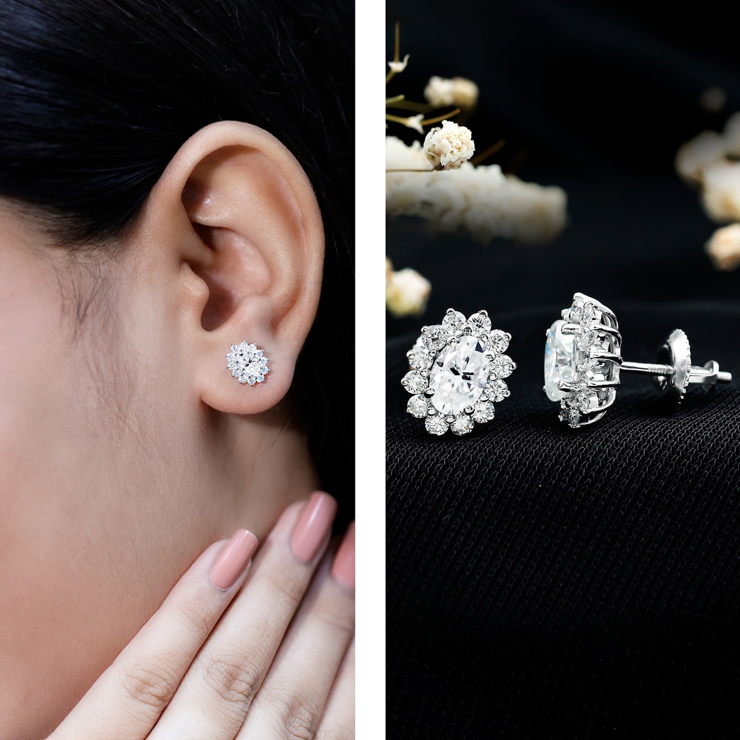 Oval Shaped CZ Diamond Halo Stud Earrings with Screw Back