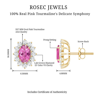 1.3 Carat Oval Pink Tourmaline Stud Earrings with Diamond Halo