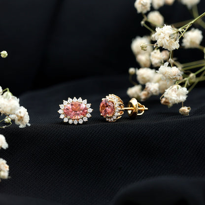1.3 Carat Oval Pink Tourmaline Stud Earrings with Diamond Halo