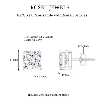 Certified 2.5 Carat Princess Cut Moissanite Stud Earrings in Silver