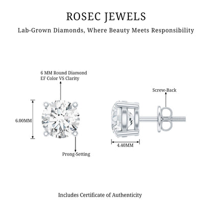 Solitaire 2 CT Lab Grown Diamond Stud Earrings with Screw Back