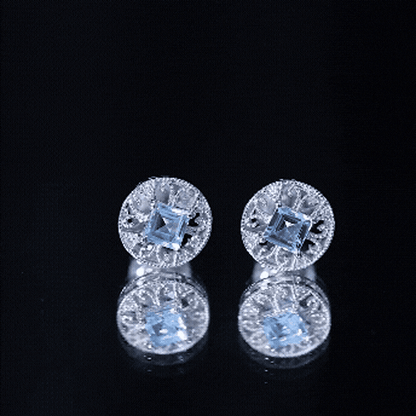 Natural Aquamarine Vintage Stud Earrings with Lab Diamond