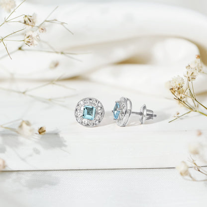 Natural Aquamarine Vintage Stud Earrings with Lab Diamond
