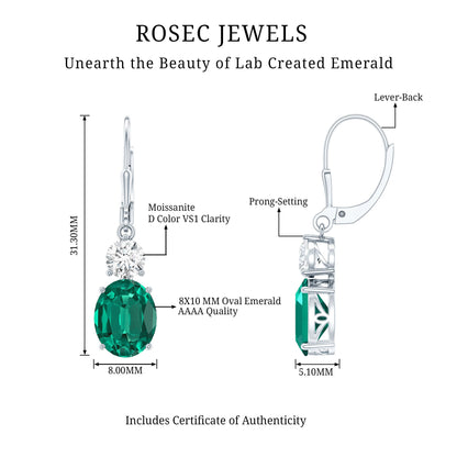 Certified 6 Carat Oval Cut Lab Grown Emerald Drop Hoop Earrings