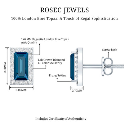 Natural Half Carat Baguette London Blue Topaz Stud Earrings with Diamond Halo