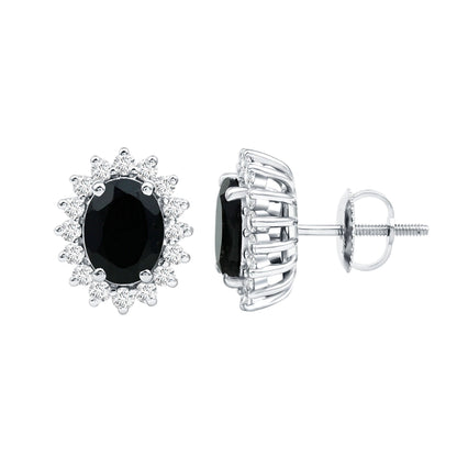 Real 2 Carat Oval Black Onyx Stud Earrings with Moissanite Halo