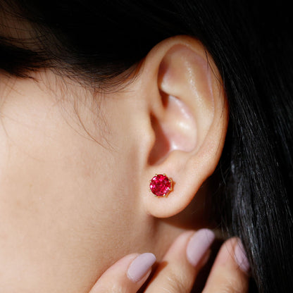 AAAA Quality 2.74 Carat Lab Grown Ruby Stud Earrings in Gold Plated Silver