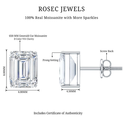 Certified 3.7 Carat Moissanite Emerald Cut Stud Earrings