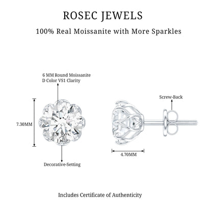 Brilliant Cut 1.90 Carat Moissanite Stud Earrings in Decorative Setting